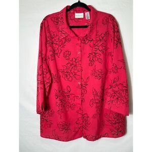 Alfred Dunner Women's Red/Black Floral Burnout Tunic 3/4 Sleeve Plus Size 18W